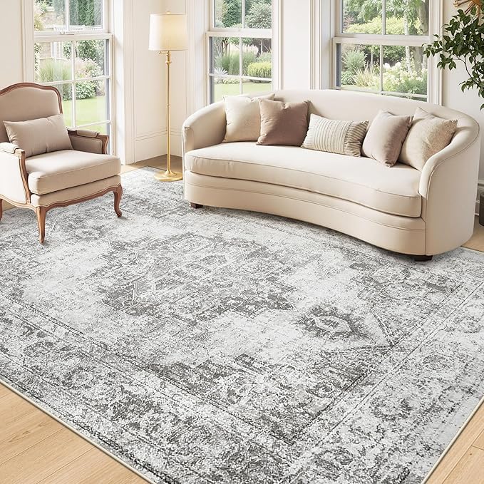 Area Rug 5x7 Vintage Rugs: Washable Indoor Medallion Rug Low Pile Distressed Floor Carpet Retro Accent Rugs for Living Room Bedroom Kitchen Dining Table Home Office(Grey, 5'x7')