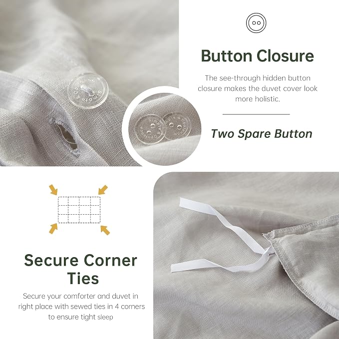 Simple&Opulence 100% Linen Duvet Cover Set, 3 PCS Natural French Flax Light Grey Duvet Cover Queen Size, Breathable Soft Comfy Linen Bedding Comforter Cover with 2 Pillowcases(Light Grey, 88" x 92")