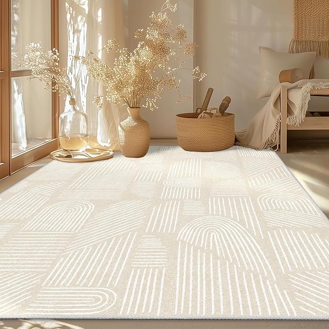 MUJOO 5x7 Washable Area Rug,Mid Century Modern Abstract Non Slip Low Pile Rug,Neutral Beige and White Rug for Living Room Bedroom Dining Room