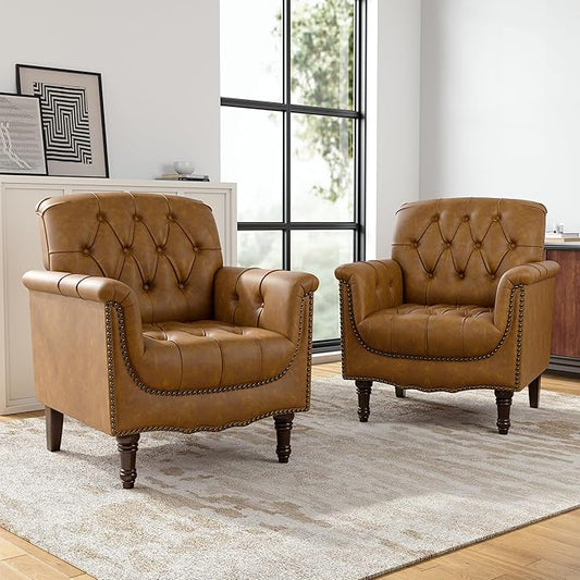 Faux Leather Club Chairs Set of 2, Retro Upholstered Armchair Accent Chair with Solid Wood Legs & Nailhead Trim for Living Room/Reading Room, Camel
