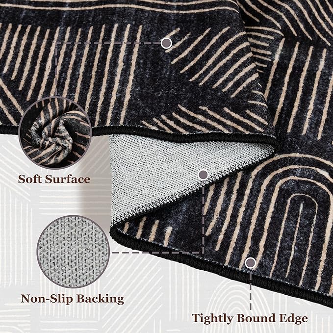 MUJOO 5x7 Washable Area Rug,Mid Century Modern Abstract Non Slip Low Pile Rug,Black and Gold Rug for Living Room Bedroom Dining Room