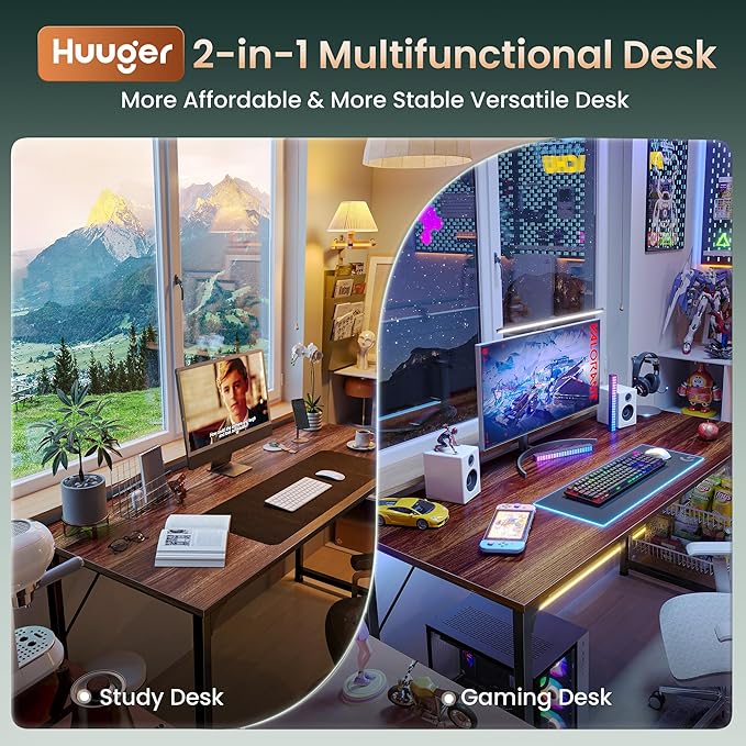 Huuger Computer Desk, 54 Inch Office Desk, Gaming Desk with Storage, Writing Desk Work Desk for Home Office, Study, Modern Simple Desk, Large Legroom, Metal Frame, Walnut