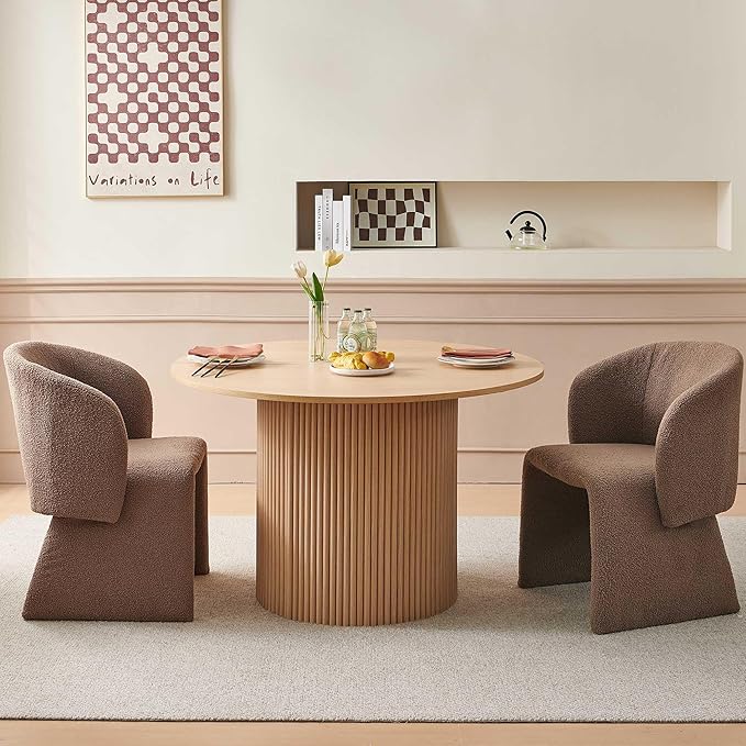 NORDICANA 3-Piece Round Dining Table Set for 2, Rustic 47-Inch Kitchen Table and Chair Set, Dining Set with Brown Upholstered Armchairs, Manufactured Wood Top with Oak Veneer