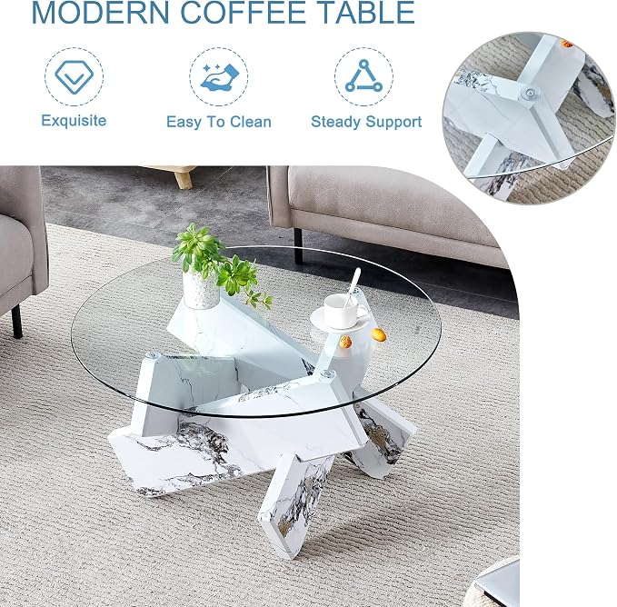Round Glass Top Coffee Tables for Living Room, 33.4 Inch White Center Table, Mid Century Circle Cocktail Table with Marble-Looking Crossed Legs
