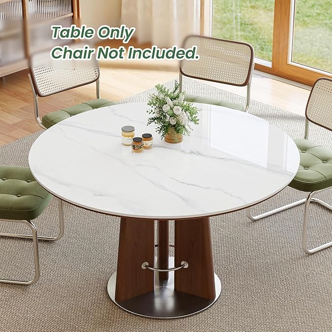 47” Round Dining Table with Solid Wood Base, White Sintered Stone Tabletop, Scratch and Heat Resistant, Modern Marble Table for Kitchen, Dining Room