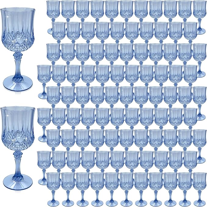 Plastic Wine Glasses, Plastic Goblets Vintage Style Cordial Drinking Glasses for Valentine’s Day, Wedding Reception, Grand Event Party Supplies (100, Blue)