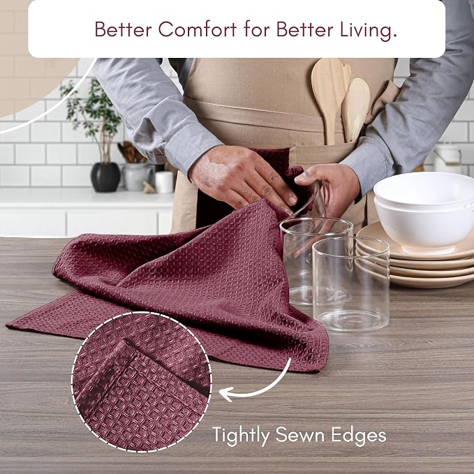 TWINY threads Dish Towel Waffle Weave, Set of 4, 16x26 Inch, Premium Large 100% Cotton Kitchen Linen Pack, Absorbent Cloths for Drying Dishes, Cookware, Quick Drying, Machine Washable, Burgundy Wine