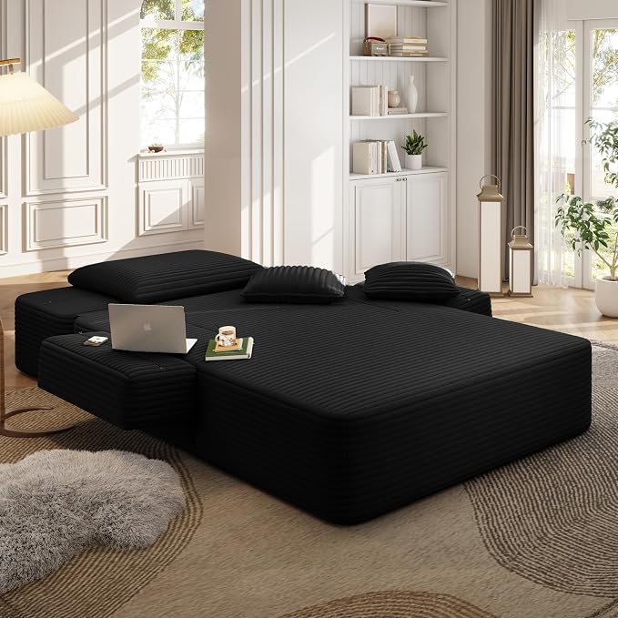 48.5" Oversized Chaise Lounge Chair Indoor, 3-in-1 Convertible Sleeper Sofa Bed, Plush Corduroy Boneless Chaise with 3 Pillows & Side Pockets, Adjustable Back/Armrest for Living Room -Black