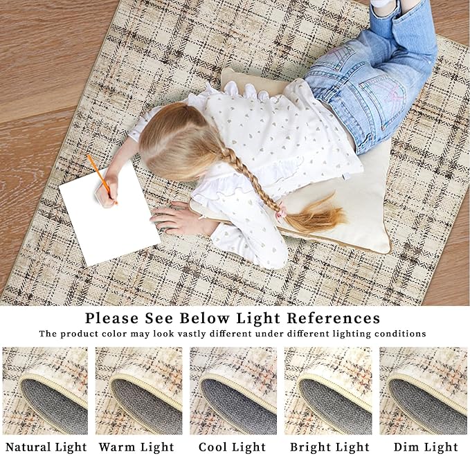 Washable Area Rug 6x9 Rug for Living Room Soft Bedroom Rug Modern Plaid Beige Rugs Non Slip Throw Rugs Non Shedding Stain Resistant Carpet for Nursery Dining Room Office 6'x9' Beige
