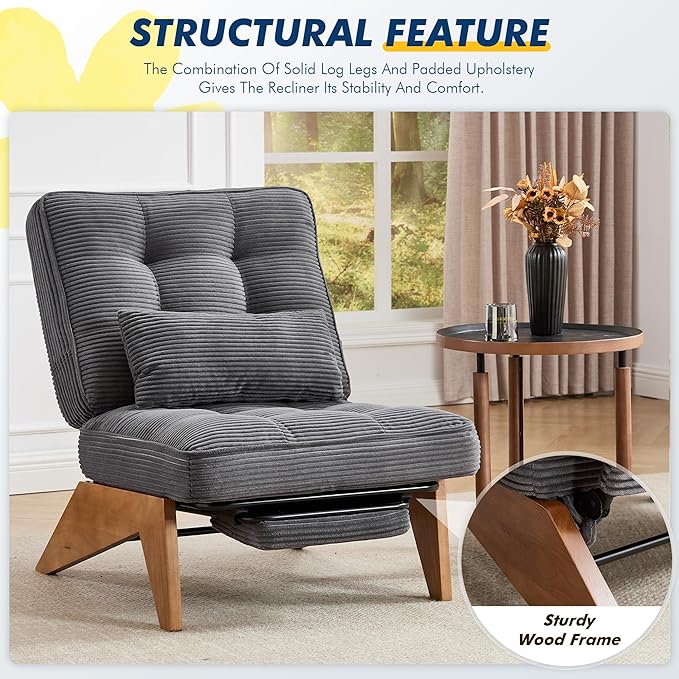Accent Chair with Ottoman Adjustable Backrest, Stripe Living Room Chair Indoor Lounge Chair with Build-in Footrest Set, Modern Chair Cozy Reclining Chair for Reading Room, Grey