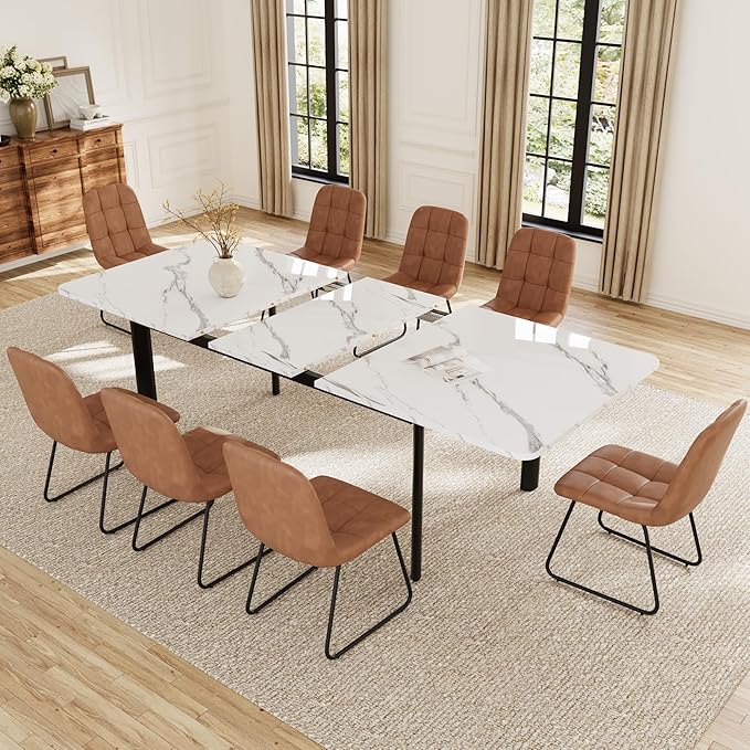 Extendable Dining Table Set for 6-8 People, 63 to 78.7 Inch MDF Kitchen Table with 8 Faux Leather Dining Chairs, Space-Saving for Dining Room, Breakfast Nook (White Table & 8 Brown U-Shaped Chairs)