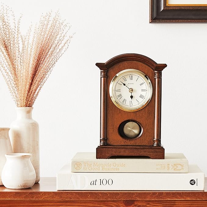 Bulova Dalton Chiming Pendulum Table Clock - Walnut Finish - Gold-Tone Accents