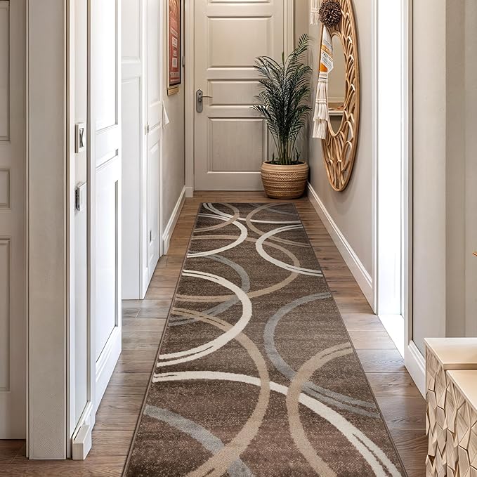 Rugshop Modern Wavy Circles Design Runner Rug, Carpet with Jute Backing for Hallway, Entryway, or Kitchen, Brown, 2'7" x 12'