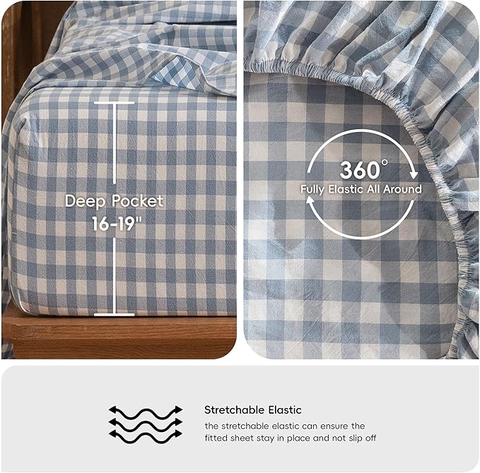 MooMee Gingham Sheet Set 100% Washed Cotton Linen Like Textured Breathable Soft w/Fully Elasticized 16-19" Deep Pocket (Classic Gingham Cornflower Blue, King)