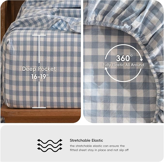 MooMee Gingham Sheet Set 100% Washed Cotton Linen Like Textured Breathable Soft w/Fully Elasticized 16-19" Deep Pocket (Classic Gingham Cornflower Blue, Queen)
