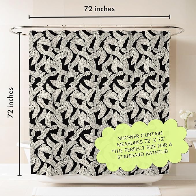 Black and Cream Banana Leaf Shower Curtain – 72x72 Tropical Botanical Fabric Bathroom Curtain, Minimalist Monochrome Design, Modern Printed Decor for Apartments, Guest Baths, or Dorms