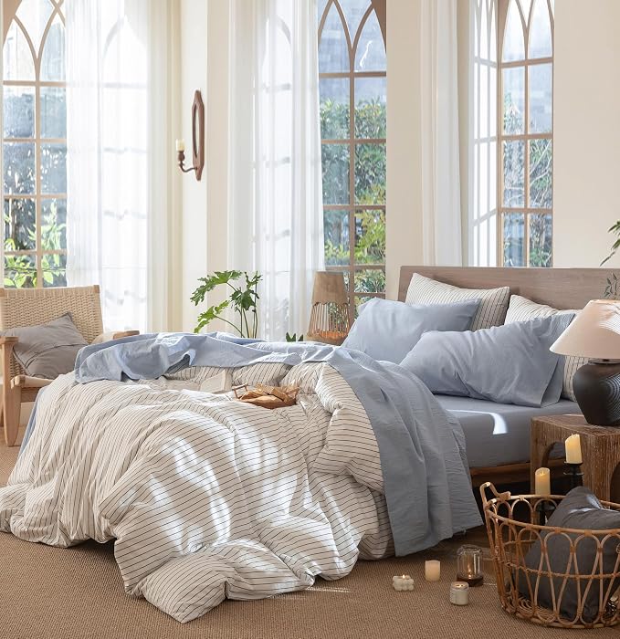 MooMee Bedding Sheet Set 100% Washed Cotton Linen Like Textured Breathable Durable Soft Comfy (Heathered Cornflower Blue, Queen)