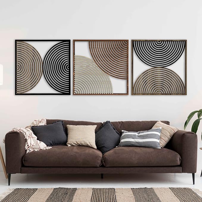 Boho Mid Century Wood Wall Art Set of 3, Abstract Geometric Wooden Wall Decor, Modern Decorative Panels, Large Home Accents Gift for Living Room and Bedroom
