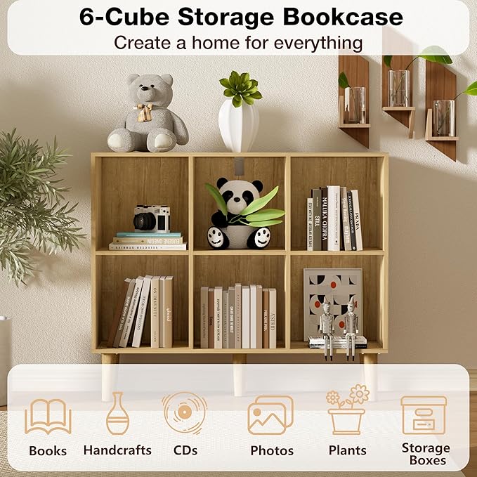 6 Cube Bookcase, Wooden Book Shelf Cube Storage Organizer with Legs, 2 Tier Bookshelf Freestanding Open Shelves for Home Office, Living Room, Bed Room (Oak, 6 Cube Horizontal)