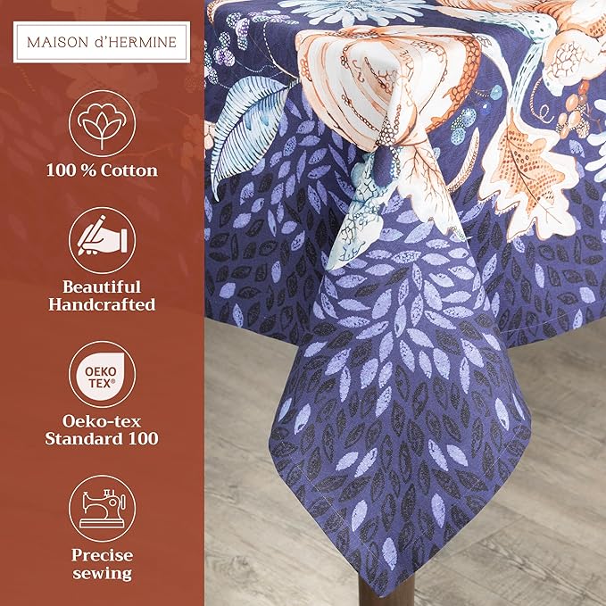 Maison d' Hermine Table Cloth Rectangle Table 100% Cotton 70 x 90 Inches Fall Tablecloth Reusable Everyday Use for Thanksgiving Christmas Decorations Dining Farmhouse Party (Pumpkin Blues)