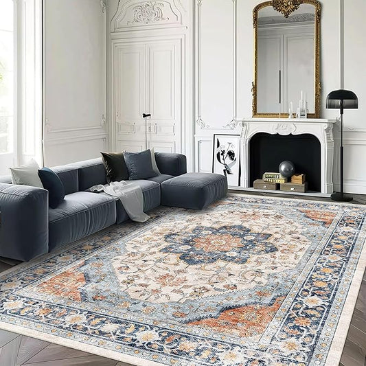 vivorug 9x12 Area Rugs for Living Room, Non Slip Machine Washable Vintage Rug, Ultra-Thin Lightweight Large Area Rug for Bedroom, Dining Room, Low Pile Rug Orange/Navy