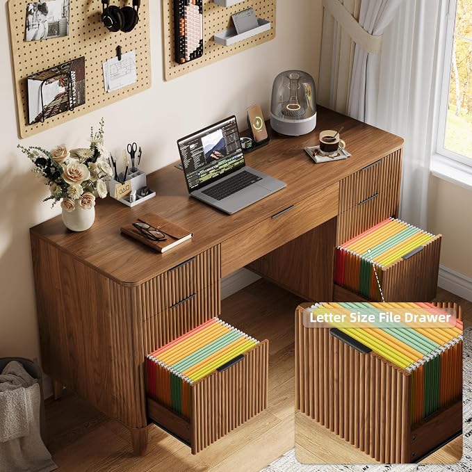 55.1" Fluted Executive Desk with Drawers, Wood Computer Desk with Storage Cabinet, Home Office Desk with Charging Station, Farmhouse Desk with File Cabinet for Office Home (Walnut)