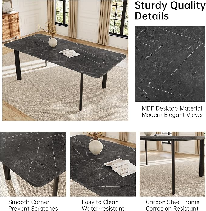 Extendable Dining Table Set for 6-8 People, 63 to 78.7 Inch MDF Kitchen Table with 6 Faux Leather Dining Chairs, Space-Saving for Dining Room, Breakfast Nook (Dark Grey Table & 6 Black Chairs)