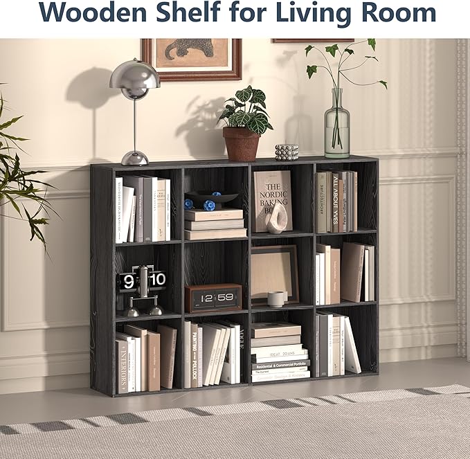 12 Cube Storage Organizer, Wooden Cube Shelves with Closed Back Panel, Reversible Bookcase, Cubes Closet Organizer for Home, Living Room, Kids Room, Office, Bedroom, Study, Hallway