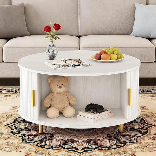 DHH Round Coffee Table, 31.5" Mid Century Modern Coffee Table with 360° Sliding Tambour Door, Fluted Accent Coffee Table with Storage Adjustable Footpads for Living Room (White)
