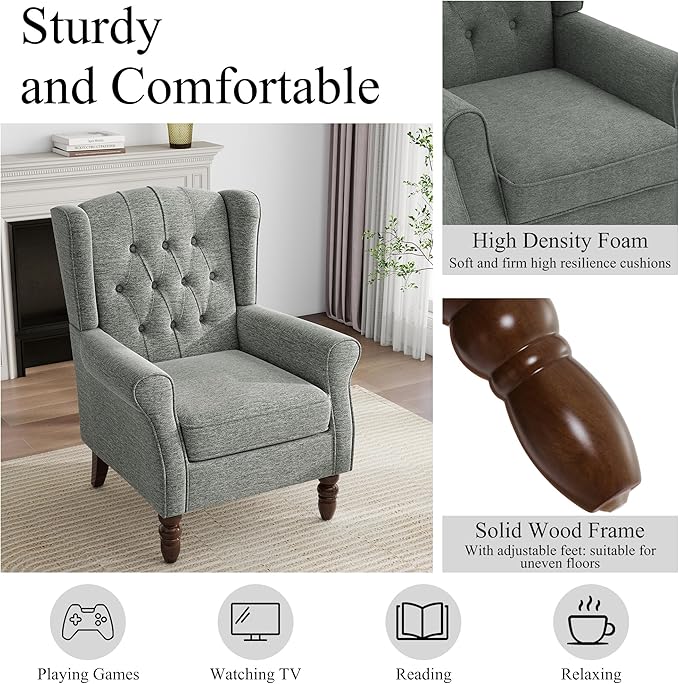 Mid-Century Modern Wingback Accent Chair - Plush Upholstered Armchair with Solid Oak Legs, Ergonomic High Back Design for Living Room, Bedroom Home Office - Stylish Retro Reading Lounge Chair, Gray