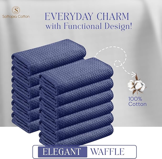Waffle Weave Dish Towels 12 Pack, 16x26 Inches, Quick Dry Towels for Kitchen, Reusable, Absorbent Wash Cloths Set, Washable Fabric, Heavy Duty for Daily Use - Indigo Blue