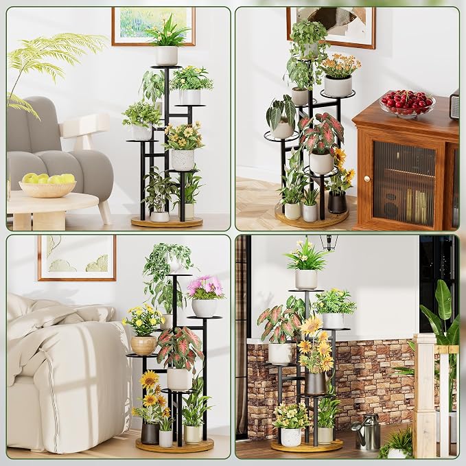 5 Tier Plant Stand Indoor Outdoor,Tiered Plant Stands,Wood Plant Shelf for Multiple Plants, Wrought Iron Flower Stand, Tall Plant Rack Shelf for House Patio Garden - BlackKite