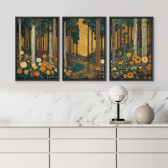 wall26 Framed Print Wall Art Set Klimt Style Sunlit Forest Vibrant Green and Gold Floral WoodlandDecorative Minimal Relax/Zen for Living Room, Bedroom, Office - 16"x24"x3 BLACK