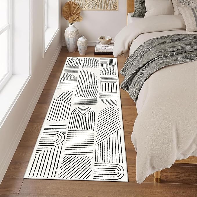 MUJOO 2x6 Runner Rug Washable,Mid Century Modern Abstract Non Slip Low Pile Runner Rug,White and Black Rug for Hallway Kitchen Entryway