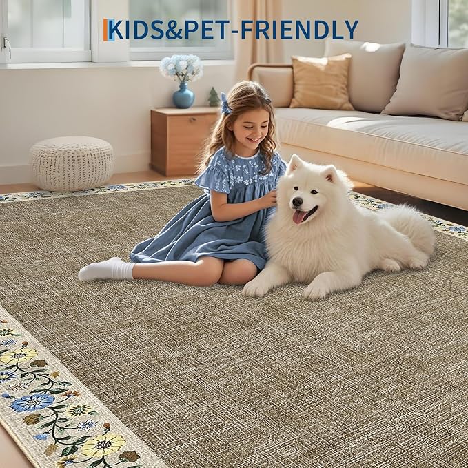 GarveeHome 10x13 Machine Washable Rugs for Living Room Large Area Rug Modern Floral Indoor Accent Carpet Low Pile Carpet Soft Throw Aesthetic Floor Cover for Bedroom Laundry Dining Room, Dark Camel