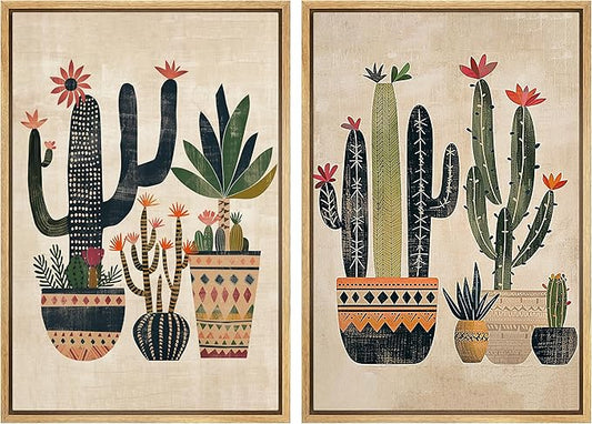 MUDECOR Framed Canvas Print Wall Art Set Mexican Cactus Tropical Botanical llustrations Modern Art Decorative Bohemian Calm/Zen for Living Room, Bedroom, Office - 16"x24"x2 Natural