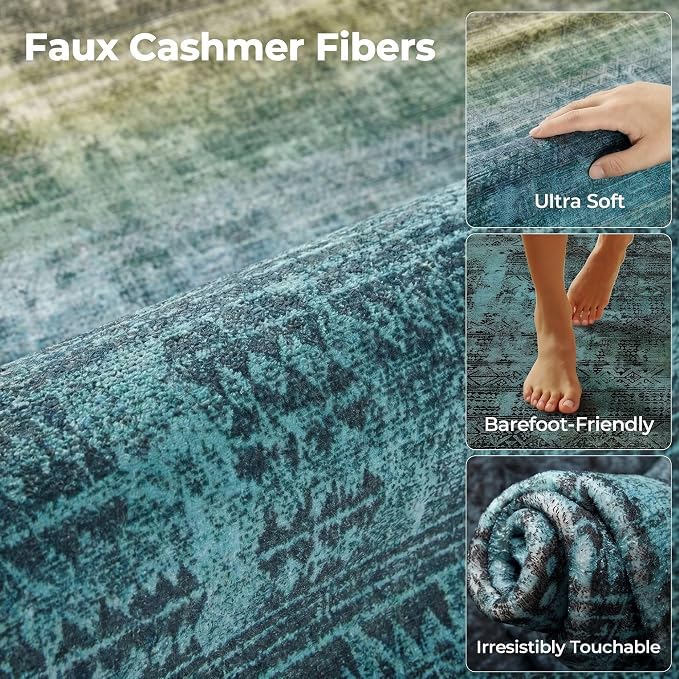 Kokia Abstract Teal Area Rugs 8x10 Bedroom Soft Living Room Rugs Washable Distressed Vintage Comfy Carpet with Non-Slip Backing for Farmhouse Home Office Room Decor, Blue and Green
