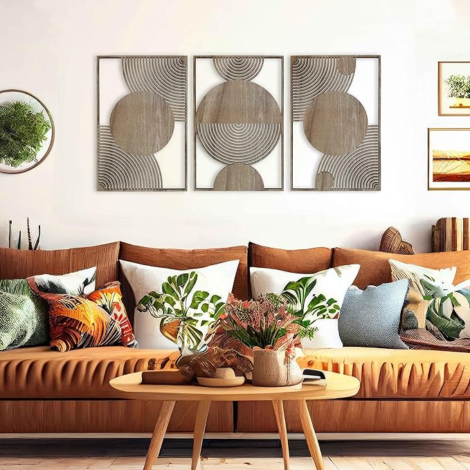 Mid Century Modern Wall Art Wood Decor, Boho Wood Wall Art in Midcentury Modern Style, Set of 3 Large Wooden Mid Century Wall Art, Home Gift