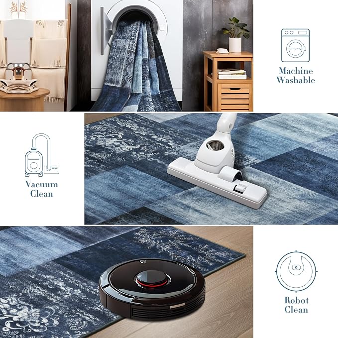 Tepook 8x10 Blue Area Rugs for Living Room, Modern Large Geometric Rug for Bedroom, Washable Patchwork Rug Indoor Non Slip Throw Carpets for Dining Room Office Farmhouse Home Decor
