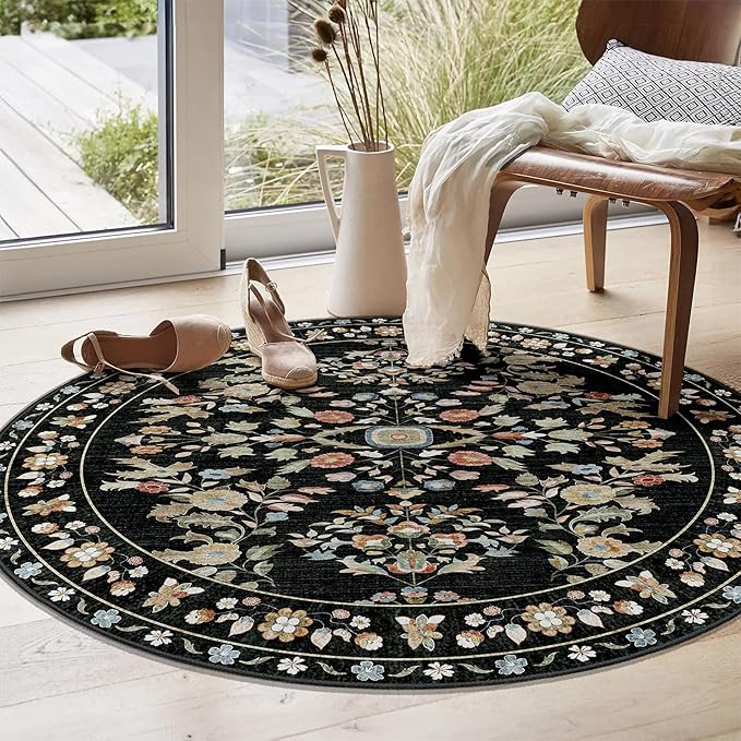 MUJOO Circle Rug 4ft,Black Round Area Rug Washable,Circular Rugs for Bedroom Entryway Bathroom Living Room,Small Boho Non Slip Throw Carpet Vintage Floral
