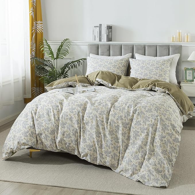 HoneiLife Floral Duvet Cover King - 100% Cotton Comforter Cover,Breathable Bedlinen Set with Zipper Closure & Corner Ties, Botanical Comforter Cover Sets 3-PC