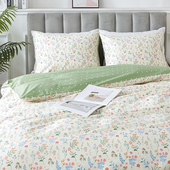 HoneiLife Duvet Dover King Size - 100% Cotton Bedlinen Set, Floral Comforter Cover with Zipper Closure & Corner Ties, 3-PC Wildflower Comforter Cover Sets
