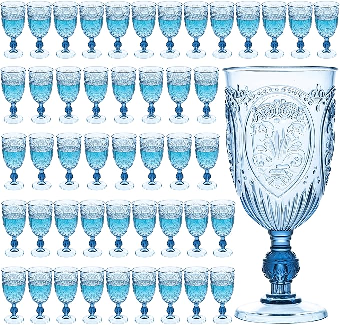 JLYLOL Plastic Wine Glasses 48Pcs Plastic Goblets 7.5oz Colored Retro Embossed Glassware Vintage Stemmed Drinking Cup Reusable Water Goblets for Wedding Reception Grand Event Party Bar,Whiskey (Blue)