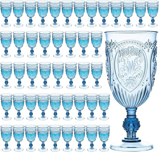 JLYLOL Plastic Wine Glasses 48Pcs Plastic Goblets 7.5oz Colored Retro Embossed Glassware Vintage Stemmed Drinking Cup Reusable Water Goblets for Wedding Reception Grand Event Party Bar,Whiskey (Blue)