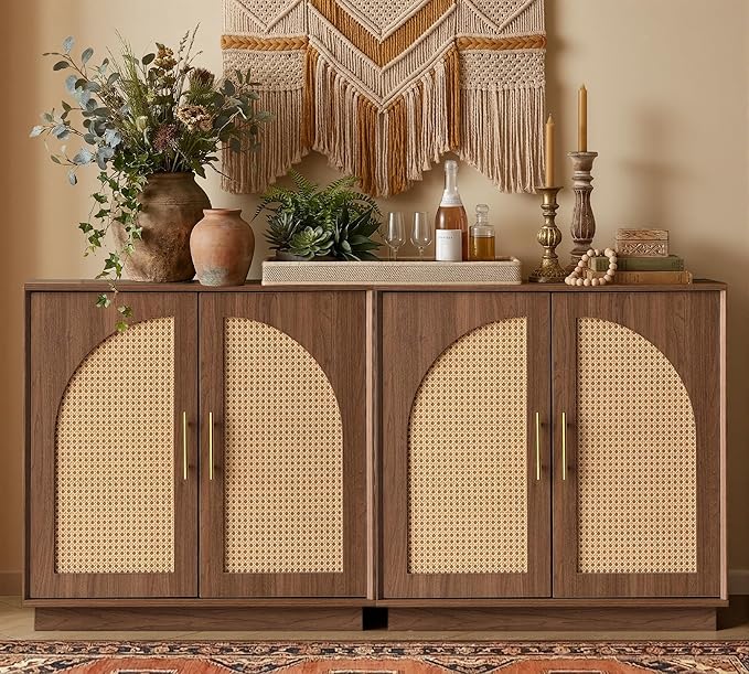 FORTUNETEC Sideboard Buffet Cabinet with Storage, 31.5" Modern Accent Cabinet with Rattan Arched Doors, Modular Media Console, Boho Credenza for Living Room Kitchen Dining Room Entryway, Walnut