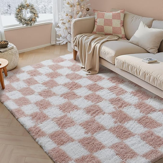 Checkered Rug 5x8 for Living Room, Pink and White Modern Shag Rug Super Soft Washable Indoor Fuzzy Carpet Non-Slip Fluffy Rugs for Bedroom Home Aesthetic Decor