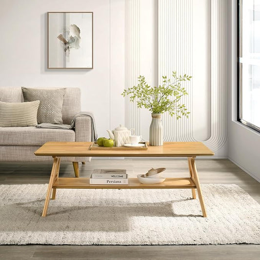 Roundhill Furniture Arona Mid-Century Modern Wood Shelf Coffee Table, Natural Oak Finish