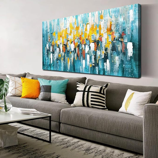 Large Abstract Canvas Wall Art for Living Room Bedroom Teal Yellow Abstract Picture Framed Canvas Prints Ready to Hang Modern Home Decor Size 30x60