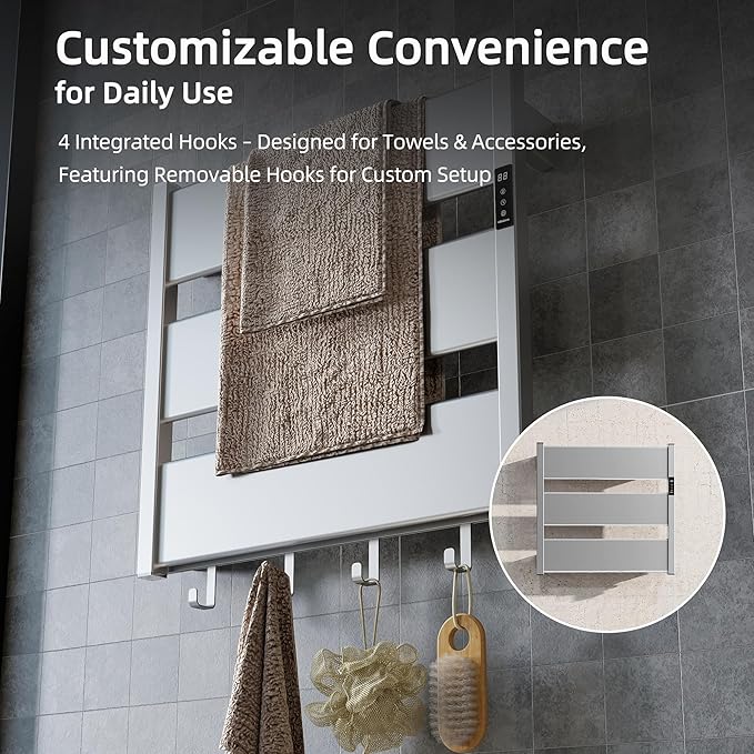 K&KALONZO Smart Electric Towel Warmer with 3-Level Timer & Temp Control, 2H Rapid Dry Aerospace Aluminum Heated Towel Rack, Hardwired/Plug-in Wall Mounted Towel Heater with 4 Hooks, Sliver,H4-S