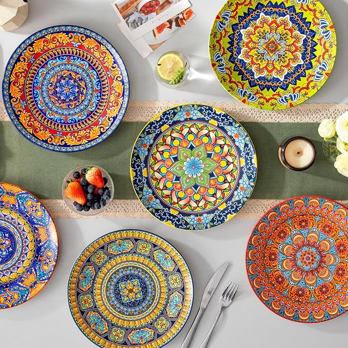 vancasso Colorful Dinner Plates Set of 6, 10.5 Inch Ceramic Kitchen Plates for Dinner, Bohemian Printed Dishes for Dining, Microwave & Dishwasher Safe Plate Set, Series KRVI